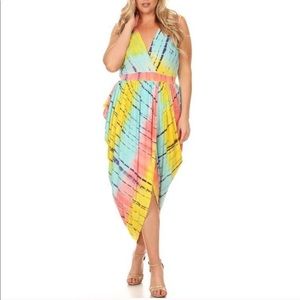 Plus Yellow Aqua Tie Dye Tulip Wrap Maxi Dress